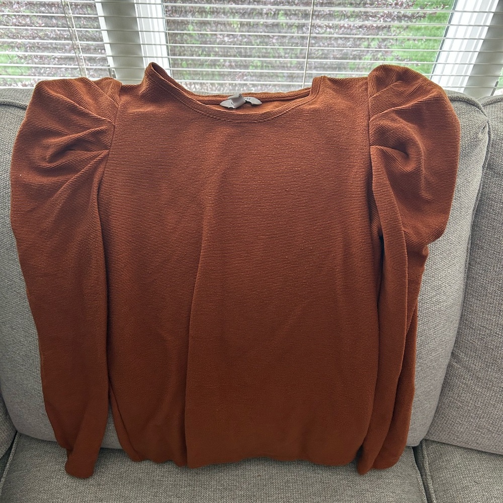 Nine West Orange Brown Ruched Puff Sleeve Blouse